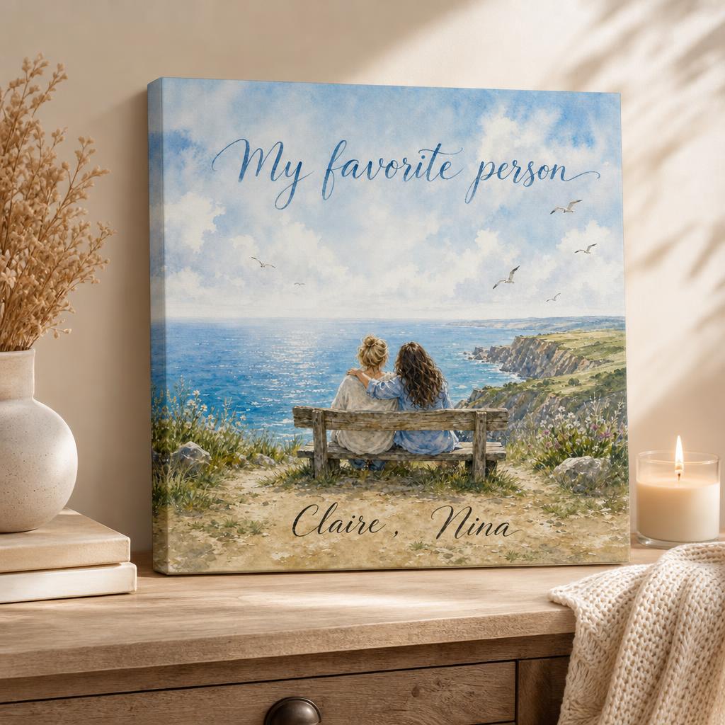 Two friends painted on a clifftop bench, personalized watercolour canvas in a warm home