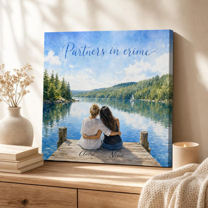 Two friends painted on a lakeside dock, personalized watercolour canvas in a warm home