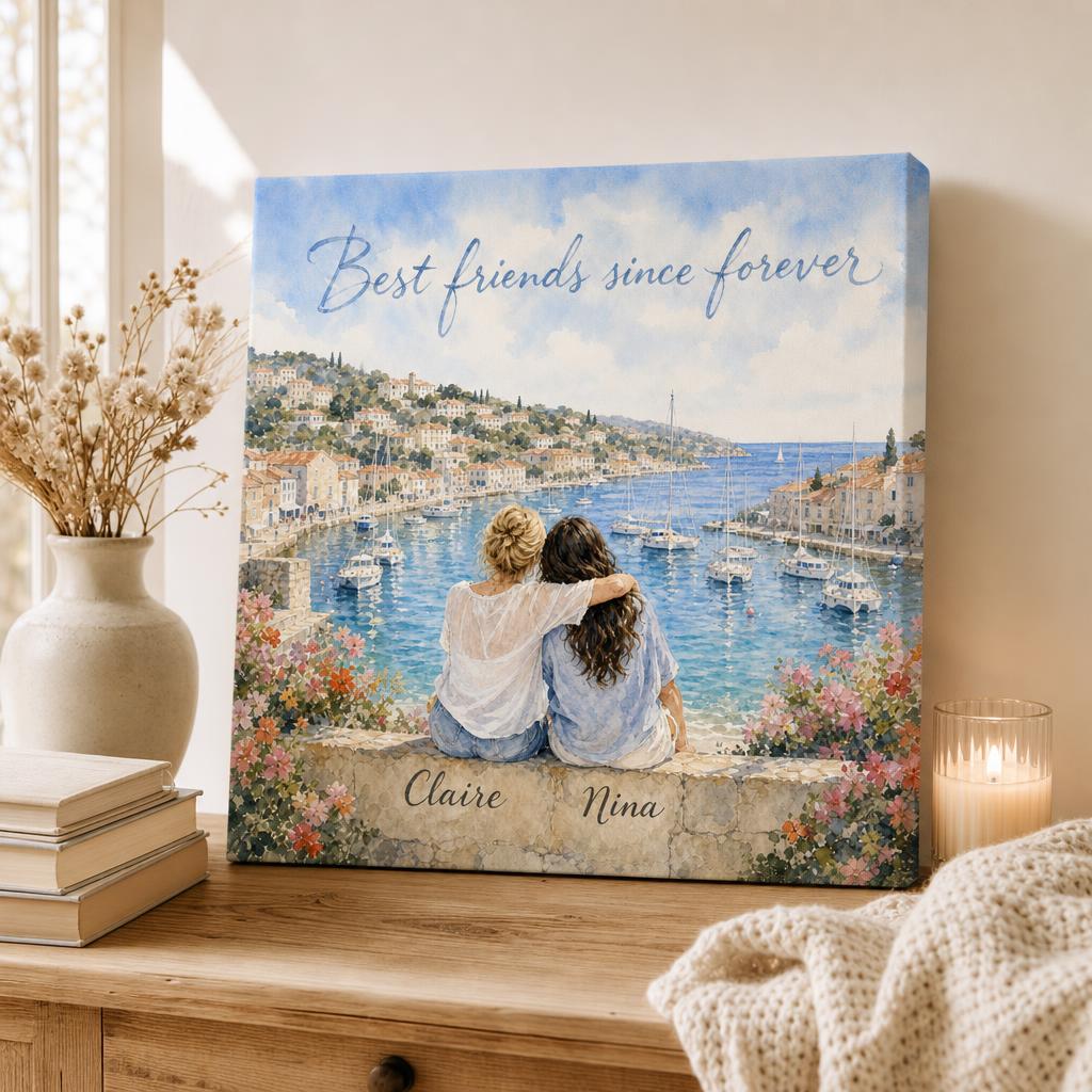 Two friends painted on a harbour wall, personalized watercolour canvas in a warm home